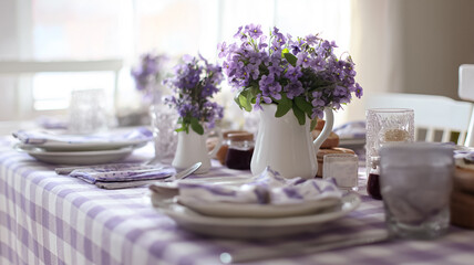 Fototapeta premium Dining table set with charming checkered tablecloth, purple flowers, plates, and cutlery for a rustic breakfast