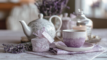 Fototapeta premium Lavender tea set preparing a calming moment with aromatic herbal drink in a rustic serene setting