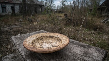 Fototapeta premium Ancient meal in deserted settlement, post-apocalyptic environment, springtime in a radioactive exclusion area, forsaken objects