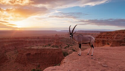 Sunset over arid landscape with a Nubian ibex standing near a large crater