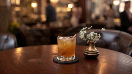 Obraz premium Warm toddy drink placed on a surface. Bar environment.