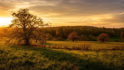 Fototapeta premium Evening glow above grassy meadows and wooded areas, natural scenery, foliage, outdoor setting, terrain, illumination, flora, woodland