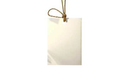 Plain off-white tag suspended by brown twine, on a stark black background with subtle shadow