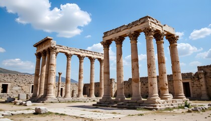 Obraz premium Ancient Roman Columns Standing Among Ruins Under a Bright Blue Sky with Fluffy Clouds