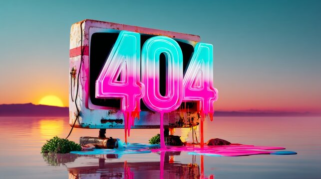 A 3D rendering of a large, weathered sign with the word 404 prominently displayed in bold, neon-like letters against a colorful backdrop that suggests a sunset or sunrise over water.