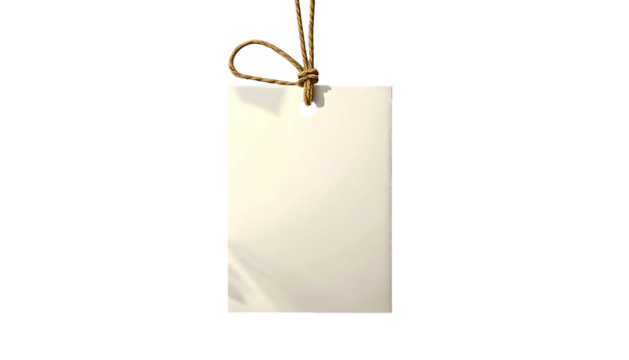 Plain off-white tag suspended by brown twine, on a stark black background with subtle shadow