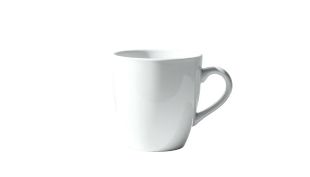 Plain white ceramic mug with curved handle on a stark black background, showcasing simple elegance