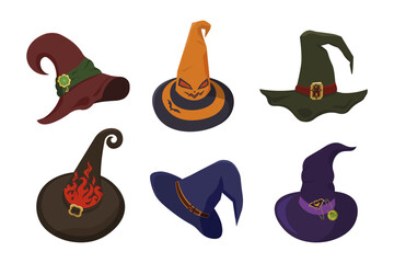 Halloween Witch hats cartoon set. Magical hats decorated buckles in different shapes and colors