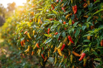 Chili plants loaded with ripe peppers
