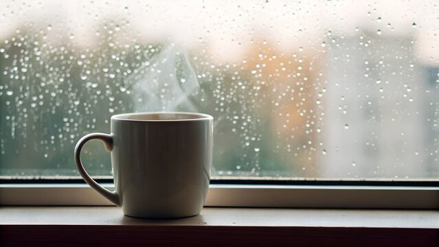 Steaming Coffee Mug on Rainy Window Sill Cozy Morning Atmosphere Gentle Steam Rising Warm Beverage Comforting View Outside - Powered by Adobe