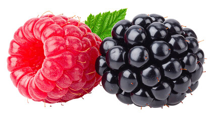 Juicy raspberry and plump blackberry side-by-side against a dark background; leafy detail visible