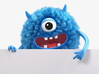 Fluffy, cute monster holds a blank sign, symbolizes information and advertising display. 3D rendering, conceptual image. Isolated on white background.