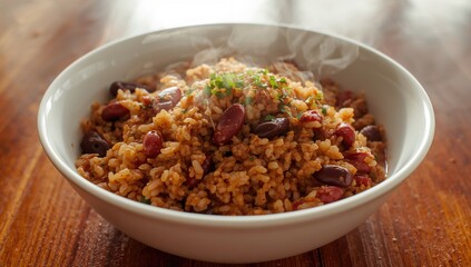 Nutritious rice and red bean dish served in a bowl, close-up on a table, horizontal