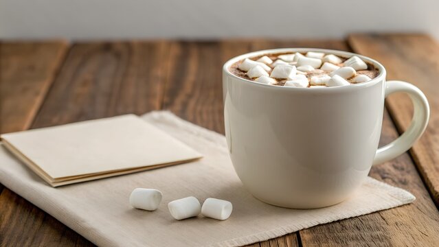 White Mug Filled With Hot Chocolate Topped With Marshmallows On A Wooden Table