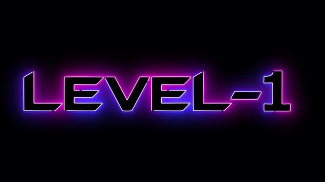 pink and blue neon glowing level 1 text font icon animation. Neon level sign. Level text animation on black background.