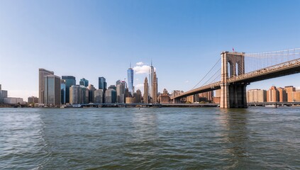 Looking over the river towards the iconic suspension bridge and urban skyline
