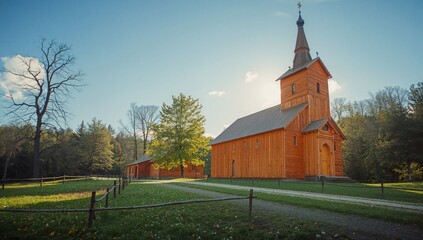 Medieval wooden church in the valley with distinctive charcoal-treated wood