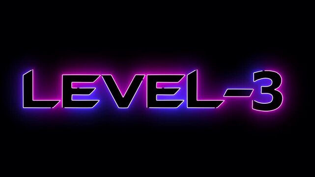 pink and blue neon glowing level 3 text font icon animation. Neon level sign. Level text animation on black background.