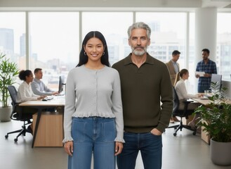 A woman and a man are posing for a photo in a business setting