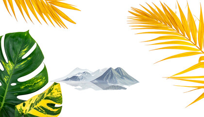 Landscape montage snow-capped mountain reflected in water, with yellow and green plants on a black background