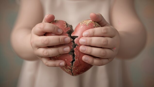 A child's hands clutching a shattered heart-shaped item
