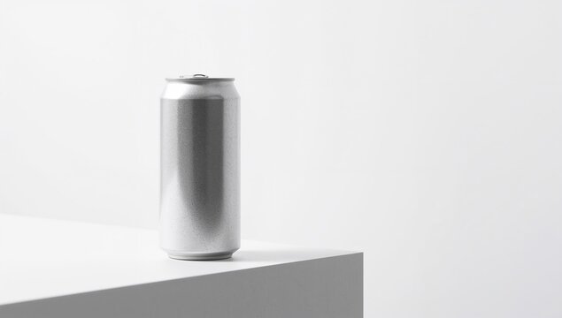 500 ml pristine aluminum drink can positioned at the edge of a table. Hero perspective.