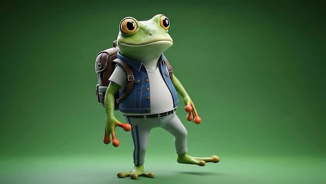 A 3D animated cartoon frog character wearing a student backpack and vest dances in a seamless loop on green screen.
