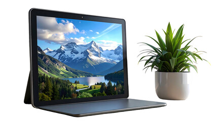 Laptop displaying a mountain landscape, paired with a potted plant against a stark black backdrop, creating a serene scene