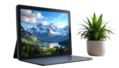Laptop displaying a mountain landscape, paired with a potted plant against a stark black backdrop, creating a serene scene