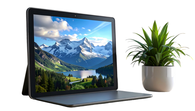 Laptop displaying a mountain landscape, paired with a potted plant against a stark black backdrop, creating a serene scene