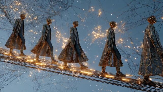 A mesmerizing progression of a stylized humanoid figure traversing a luminous, abstract pathway, showcasing intricate networks of glowing connections that evoke a sense of movement and exploration.