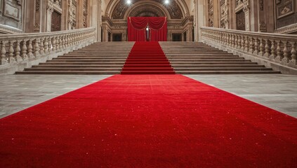Naklejka na ściany i meble Luxurious crimson runway spread across grand stairway of vintage architecture