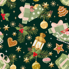 Christmas seamless pattern with lanterns, gifts, and Christmas balls. Suitable for decorating textiles and packaging. Vector illustration.