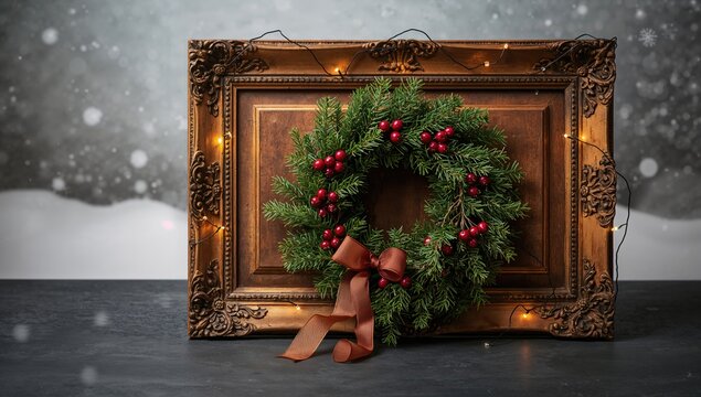 Festive wreath laid on a dark concrete background