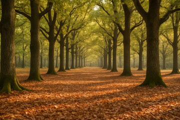 Fototapeta premium Serene tree-lined pathway covered in autumn leaves
