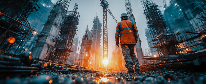 Construction worker observing progress at a building site during sunset