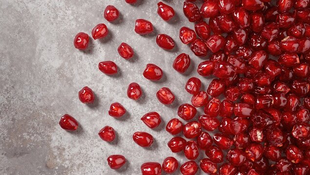 Vibrant red pomegranate arils spread across a neutral background - Powered by Adobe
