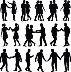 Silhouette couples dancing together, romantic dance poses, partner choreography, ballroom moves, vector illustration of people in motion, relationship art concept design