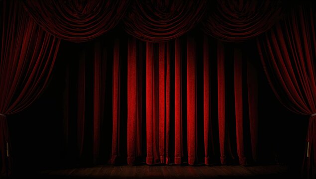 Concept of a theatrical drama setting with a dark red curtain drawn before the performance. Dim lighting with ample space for text. Indoor environment.