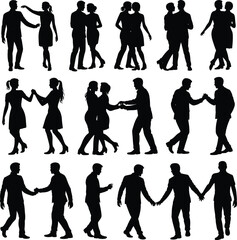 Silhouette couples dancing, men and women performing ballroom, salsa, tango, romantic, and same-sex dance poses, vector illustration isolated on white background
