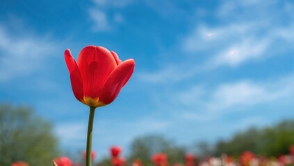 Obraz premium Scarlet tulip set against a clear azure background