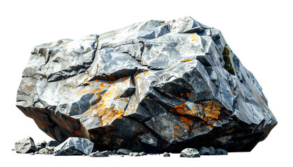 Large, gray rock formation with orange lichen and small pebbles isolated on black