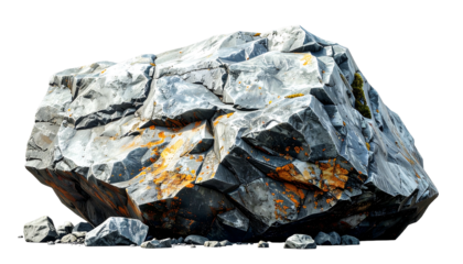 Large, gray rock formation with orange lichen and small pebbles isolated on black