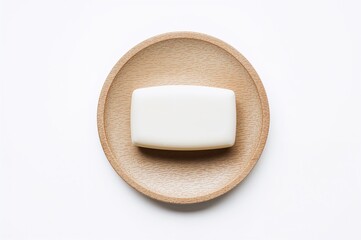 Top-down view of a white soap bar resting on a wooden soap holder against a plain backdrop