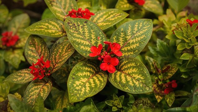 Close-up of a vibrant green episcia cupreata plant with bright red blossoms flourishing in a garden