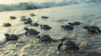 Obraz premium A group of newly hatched baby sea turtles make their way across the wet sand towards the ocean waves in the soft, warm light of the morning sun on the beach.