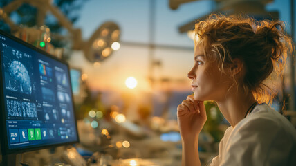 Pensive woman analyzing medical data at sunset in hospital