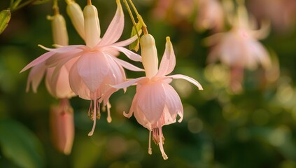 Fototapeta premium Soft pink fuchsia blooms showcasing delicate rose flowers in a springtime garden, close-up view.