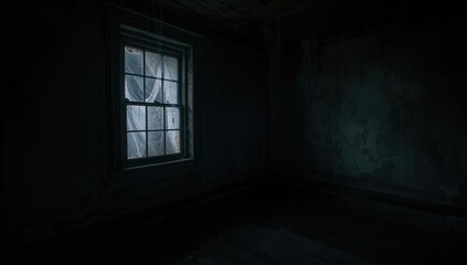 Haunted old home's inside with eerie glowing window and shadowy figures in a dim attic or cellar hallway.