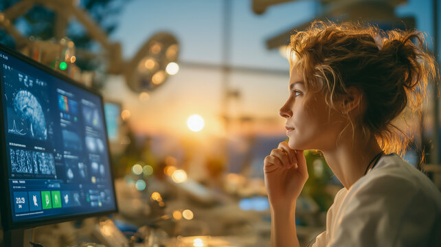 Pensive woman analyzing medical data at sunset in hospital